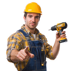 A handyman holding a drill and gesturing as if preparing to use it. isolated on transparency background