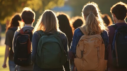 diverse group of high school students walking together viewed from behind backpacks and casual attire suggest a typical school day with warm lighting hinting at afternoon sun