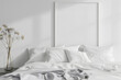 © tfk - Clean, white bedroom scene with blank wall or blank frame. Generative Ai.