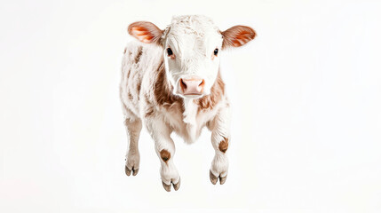 Adorable calf floating in the sky with a tranquil expression on a clean white background