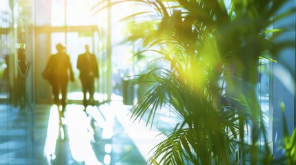 Wall Mural - blurred background of people walking in a modern office building with green trees and sunlight , eco