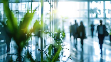 Wall Mural - blurred background of people walking in a modern office building with green trees and sunlight , eco
