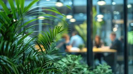 Wall Mural - blurred background of people walking in a modern office building with green trees and sunlight , eco
