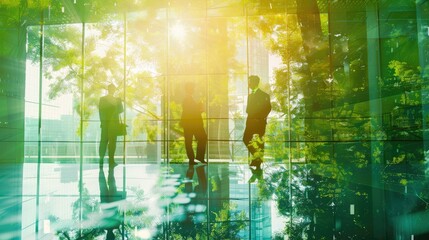 Wall Mural - blurred background of people walking in a modern office building with green trees and sunlight , eco