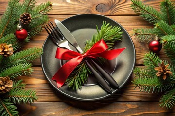 Wall Mural - Christmas setting with black plate, cutlery, spruce branches and ribbon on a wooden table