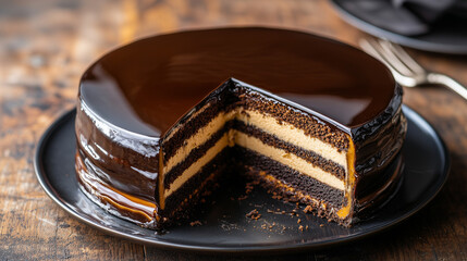 Wall Mural -  A chocolate cake with mirror glaze and several layers of cream and sponge, with one slice cut, revealing the delicate structure inside