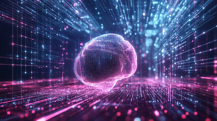 Wall Mural - artificial intelligence and data processing concept with digital brain and neon lights depicting tec