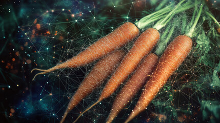 Abstract illustration of a bunch of carrots set against a starry sky or cosmic background, composed of points, lines, and shapes resembling planets, stars, and the universe. Wireframe design of vegeta