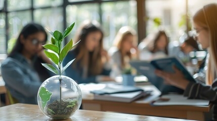 group of students studying at a desk with a glass globe and sprouting plant on the table, representi