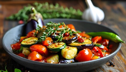 Wall Mural - Vegetarian Ratatouille with Eggplant, Zucchini, Tomatoes, and Peppers in a Herb-Infused Stew