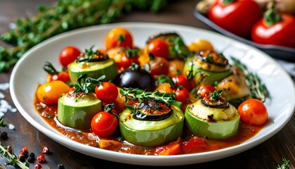 Wall Mural - Vegetarian Ratatouille with Eggplant, Zucchini, Tomatoes, and Peppers in a Herb-Infused Stew