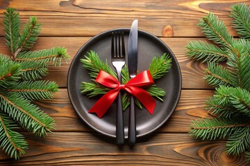 Wall Mural - Christmas setting with black plate, cutlery, spruce branches and ribbon on a wooden table