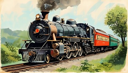 Wall Mural - Vintage hand-drawn locomotive illustration showcasing a steam retro transport engine on a classic railroad