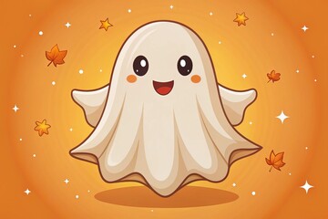 cartoon halloween ghost illustration in whimsical style with warm beige and orange colors