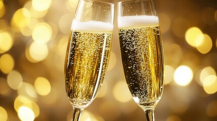 elegant champagne flutes filled with bubbling golden liquid clinking together in a celebratory toast soft bokeh background suggests a festive occasion