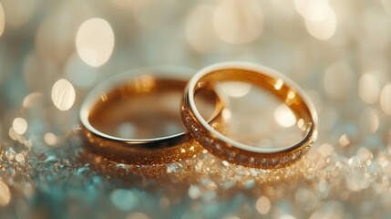 elegant golden wedding rings intertwined symbolizing eternal love soft focus and warm lighting create romantic dreamy atmosphere