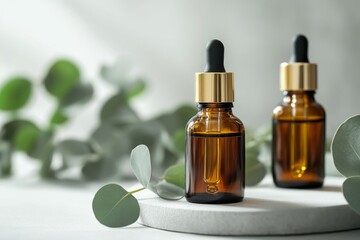 Two amber glass bottles of essential oil stand against a soft background. The natural green leaves add beauty. Perfect for wellness and beauty products. Generative AI