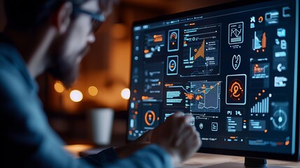 A focused individual analyzing data on a modern computer screen at night, showcasing digital insights and analytics.