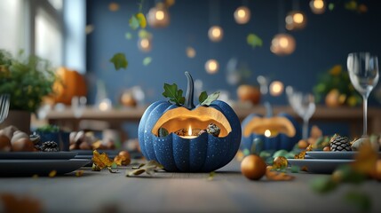 Blue pumpkin candle holder with tealights on a table setting with autumn decorations.