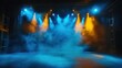 © Bijac - empty nightclub stage bathed in electric blue and vibrant yellow lights smoke effects add mystique to vacant performance space anticipation of upcoming show palpable in atmospheric scene