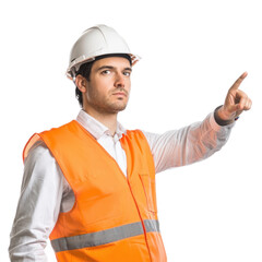 Wall Mural - A civil engineer pointing at an imaginary construction site with confidence, wearing a hard hat. isolated on transparency background