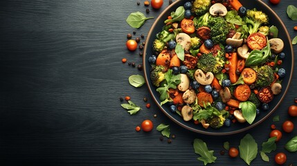 Close-up of a colorful salad with broccoli, carrots, mushrooms, and blueberries on a black wooden table.