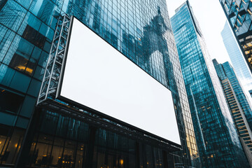 Wall Mural - large blank billboard on a skyscraper in a financial district, providing a powerful mockup for busin