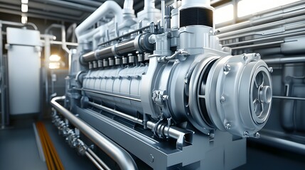 Wall Mural - 45. **Detailed 3D render of a large marine diesel engine with visible exhaust system and cooling pump