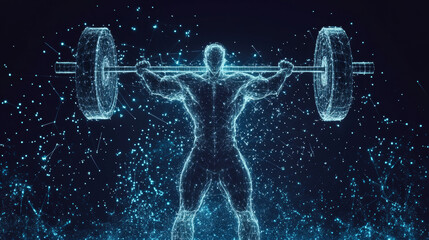 A dynamic vector illustration featuring an abstract weightlifter, constructed from cybernetic particles. The weightlifter’s silhouette is formed using a wireframe of points and curves, set against a p