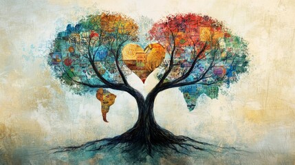 Artistic Tree Illustration with Leaves Representing World Cultures and Unity