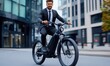 © piai - Businessman Riding Electric Bike Home from City in Suburban Setting