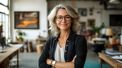 A confident woman with glasses stands in a stylish workspace, exuding professionalism.