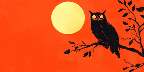 Spooky owl in bright orange background, halloween artwork, 2d