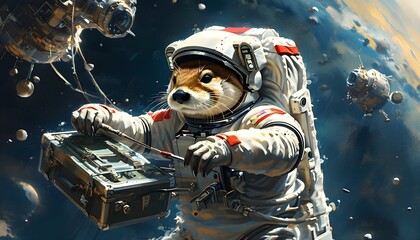 Wall Mural - Otter Astronaut Repairing Satellite in Cosmic Space Adventure