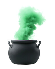 A black cauldron emitting vibrant green smoke, perfect for fantasy themes, Halloween, or witchcraft concepts.