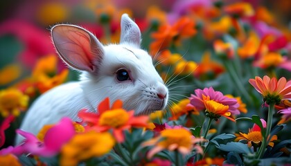 Pecoroon Nestling Amidst a Vibrant Floral Paradise with Heart-Shaped Ears