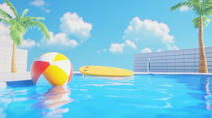 Poster - A colorful beach ball and a yellow surfboard floating in a sunny pool surrounded by palm trees on a clear day