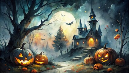 Wall Mural - Dark and mysterious watercolor halloween art for canvas