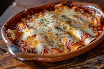 Enchiladas: A dish of enchiladas covered in red sauce and melted cheese