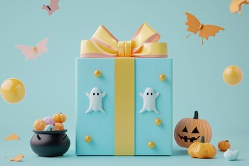 Wall Mural - Halloween gift box with spooky decorations and candy