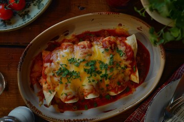 Enchiladas: A dish of enchiladas covered in red sauce and melted cheese