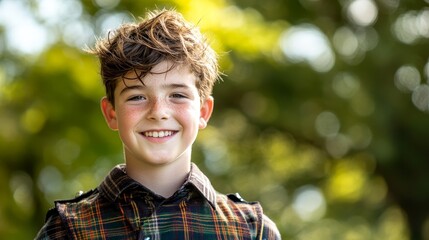 Portrait of a Cheerful Teenage Scottish Boy in Kilt Embracing Natural Beauty