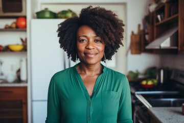 Portrait of a African American fit woman standing in kitchen filled with healthy vegetables