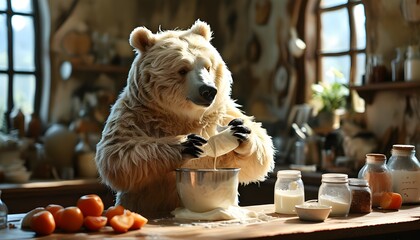 Bear researcher preparing cream for chocolate delight