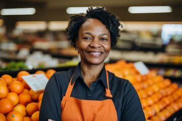 Wall Mural - Portrait of a middle aged female worker in grocery store