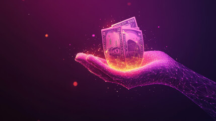 A striking vector image depicting a bundle of dollar bills held in a hand, designed with a low poly wireframe style. The image is set against a vibrant purple background, creating a bold contrast. The