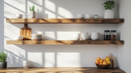 Wall Mural - Reclaimed timber floating shelves in minimalist kitchen