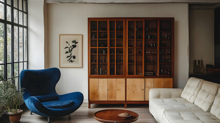 A cozy living room featuring modern furniture and a wooden display cabinet.