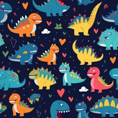 Sticker - Cute Cartoon Dinosaurs Seamless Pattern Illustration