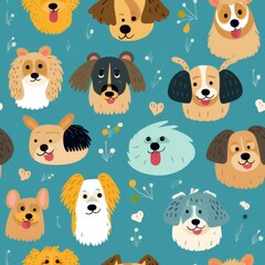 Wall Mural - Cute Dog Faces Seamless Pattern   Pet Illustration Background